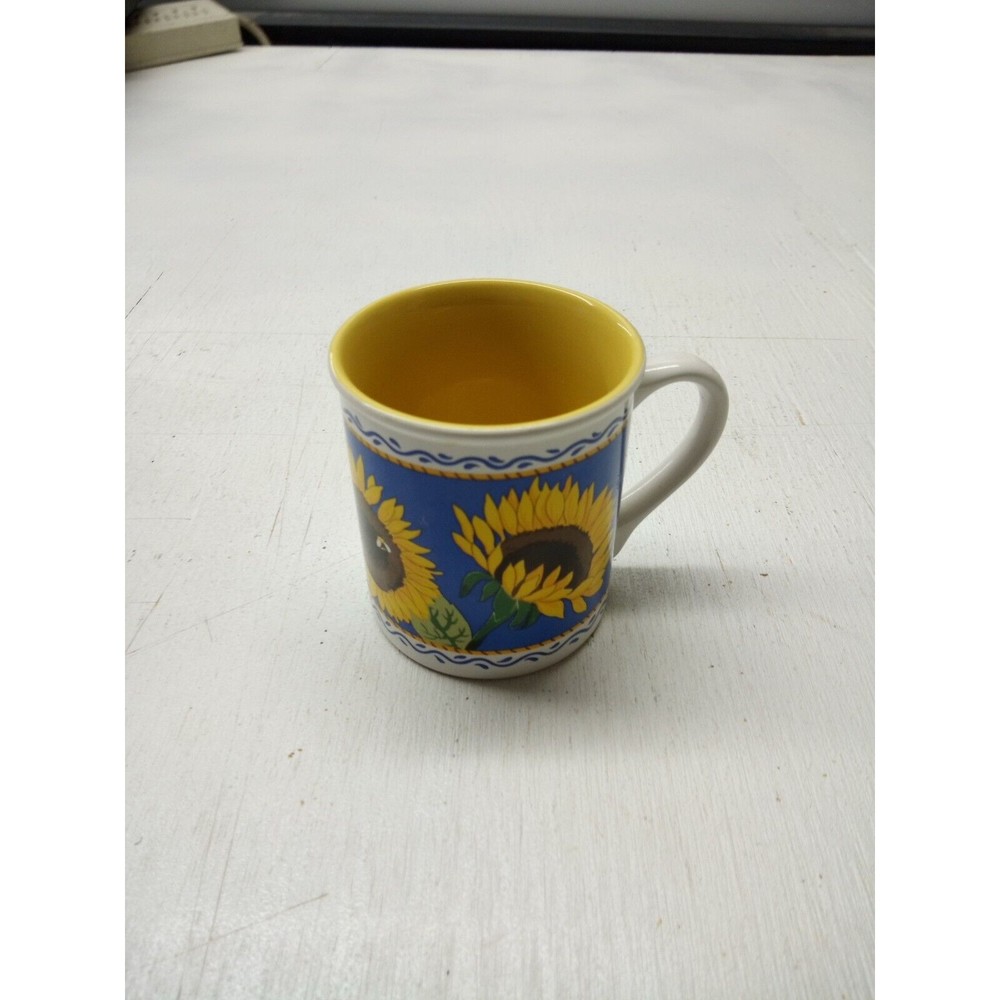 Vintage 1990's Coffee Mug Sunflowers on Blue Yellow inside Unbranded